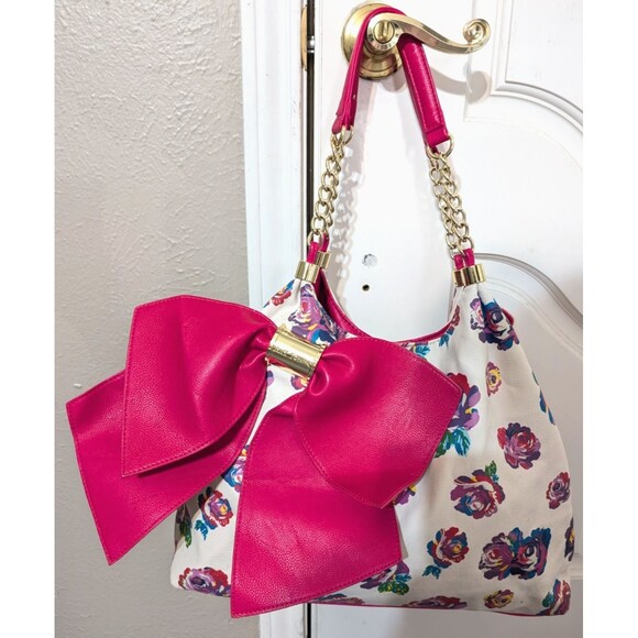 Betsey Johnson Handbags - betsey johnson Bow-licious BIG Hot Pink Bow Hogo Bag Fushia Floral Tote Gold